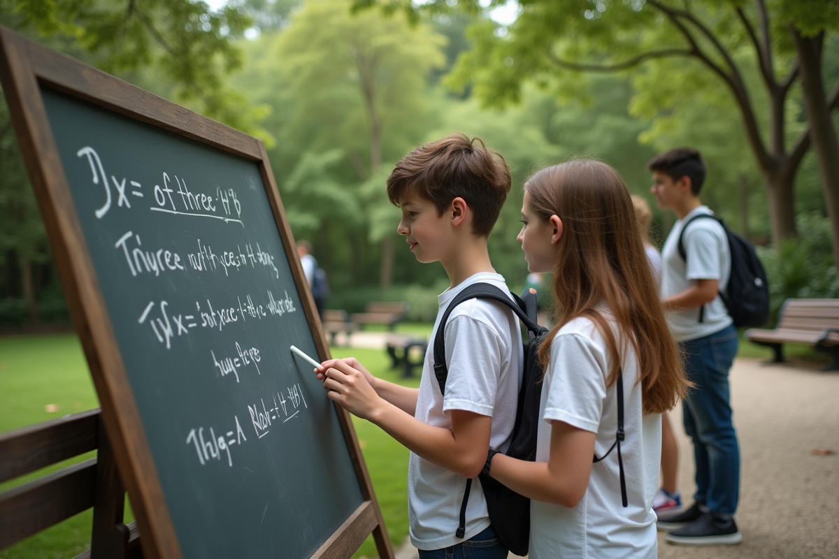 Adolescents discutant math en plein air devant un tableau