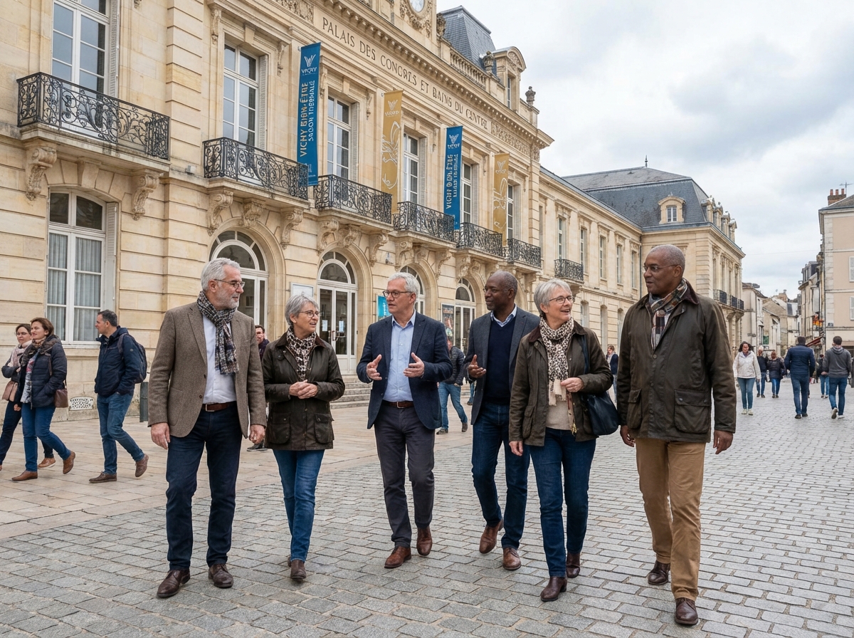 Groupe de personnes discutant dans la rue historique de Vichy