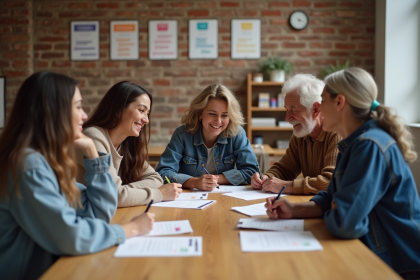Groupe diversifié de jeunes et d'anciens autour d'une table