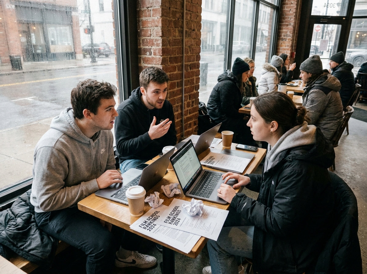 Groupe d'étudiants discutant du choix d'une école de cinéma autour d'un café