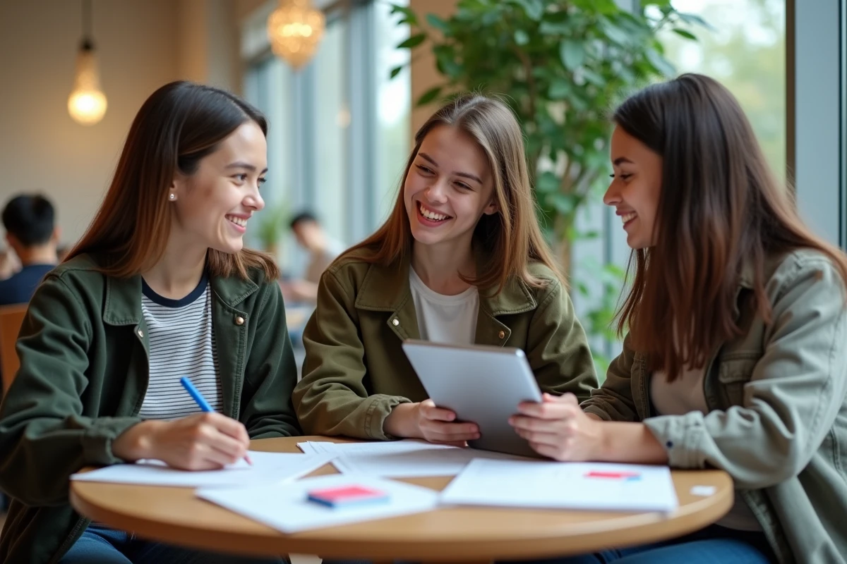 Groupe d'étudiants en première année de licence travaillant ensemble sur leurs cours dans une salle commune universitaire dans le cadre du suivi ENTASSAS