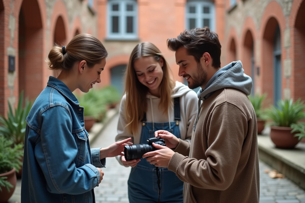 Groupe d'étudiants en photographie discutant de leurs clichés dans la cour d'une école à Toulouse