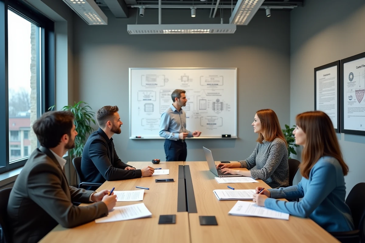 Groupe d'adultes en formation BTP en salle de classe avec un formateur devant un tableau blanc dans un centre de formation professionnel