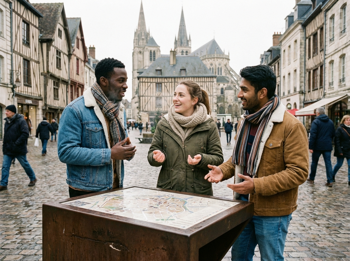 Groupe de jeunes discutant devant une carte de Bourges
