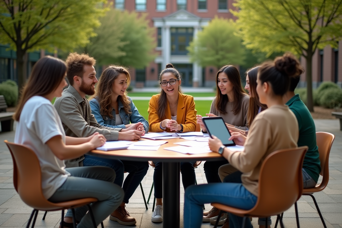 Jeunes discutant autour d une table en extérieur