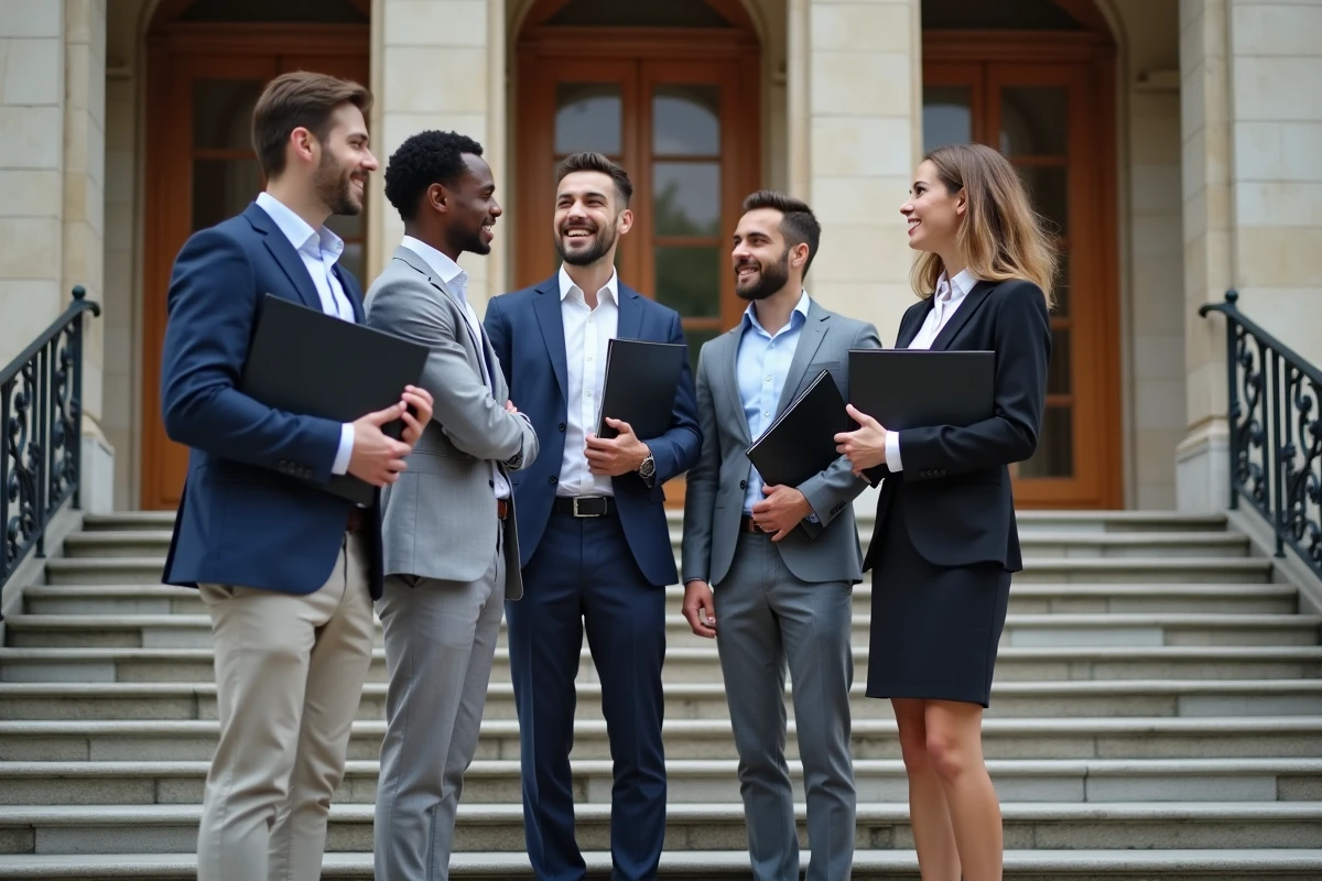 Groupe de jeunes professionnels discutant devant un bâtiment