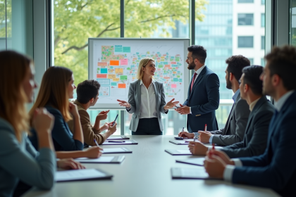 Groupe de professionnels en réunion brainstorming dynamique