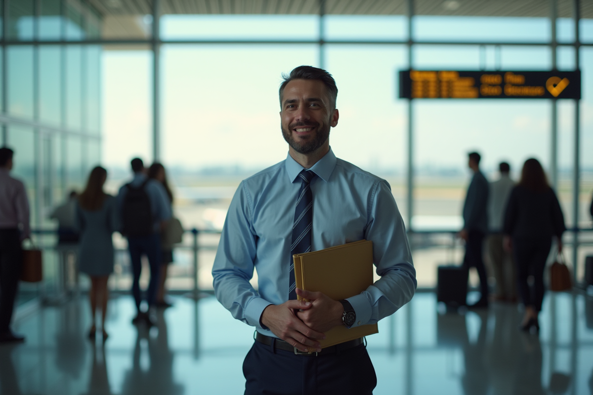 Homme accueillant voyageurs dans un terminal aéroport