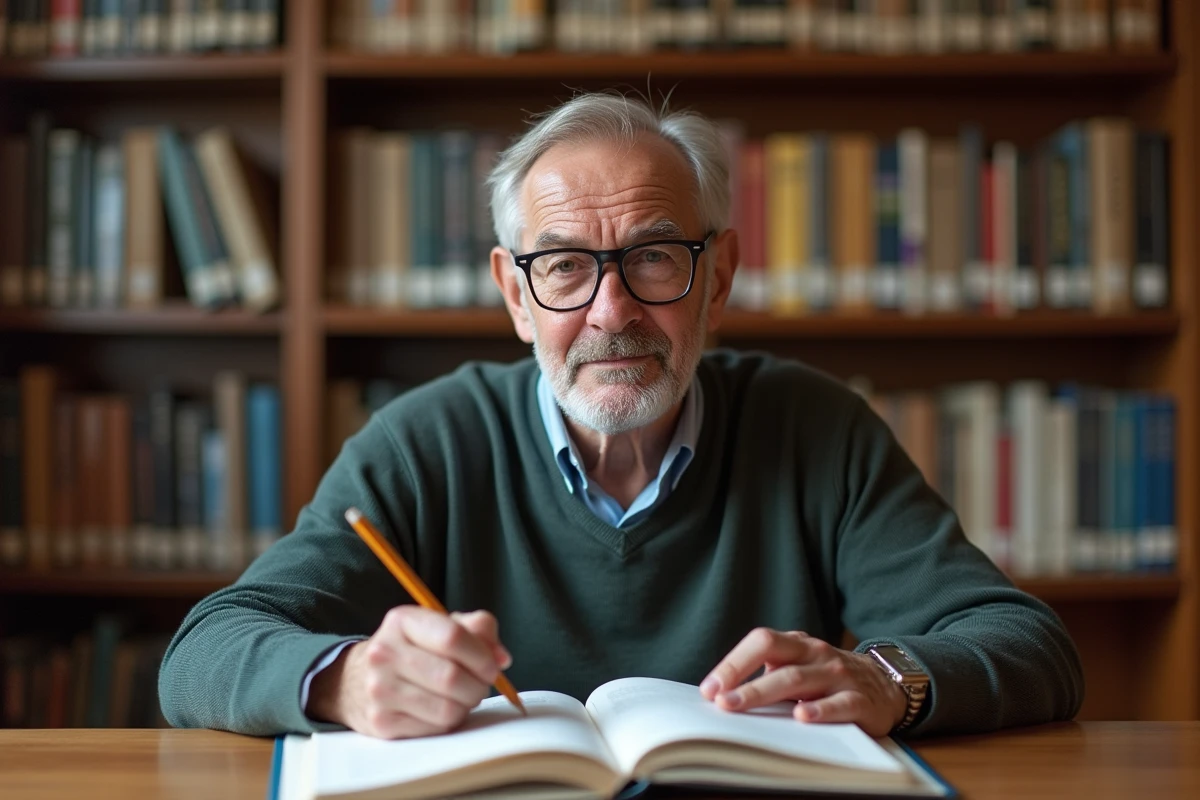 Homme adulte avec lunettes corrigeant des exercices de ponctuation dans un manuel de grammaire française en bibliothèque