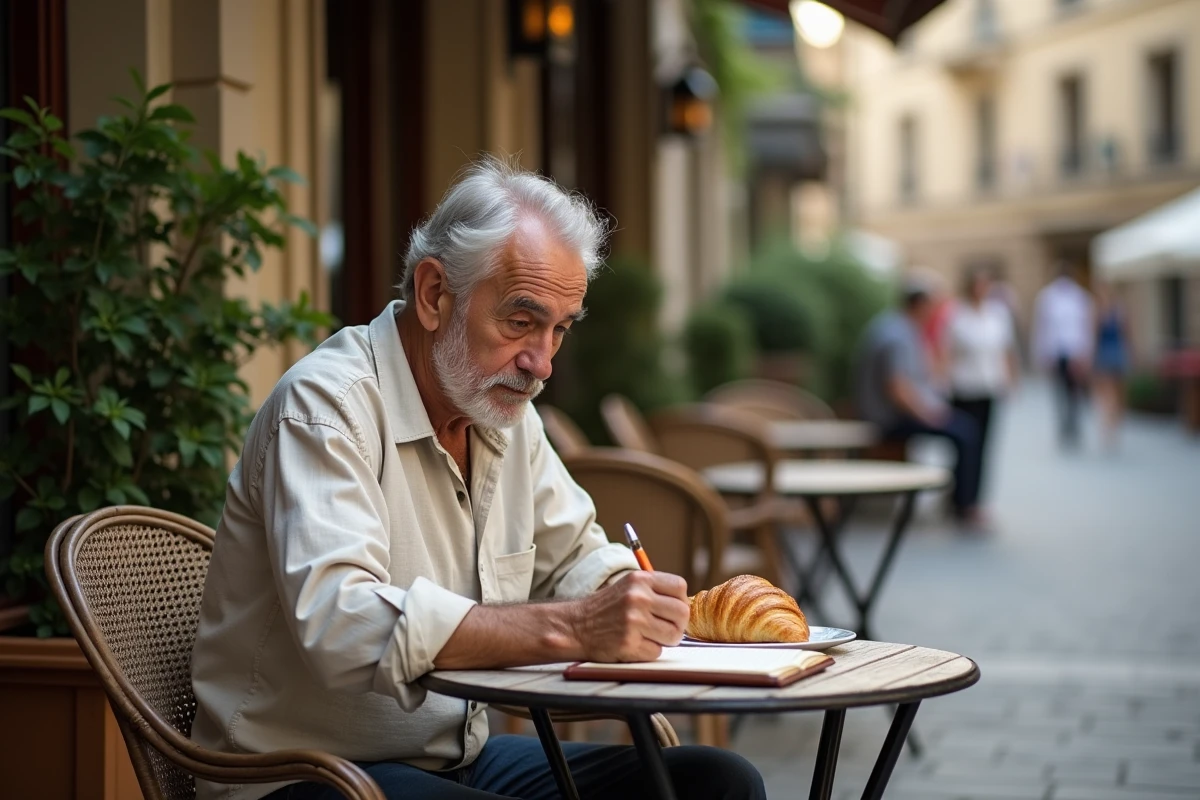 Homme retraité écrivant dans un journal au café en plein air