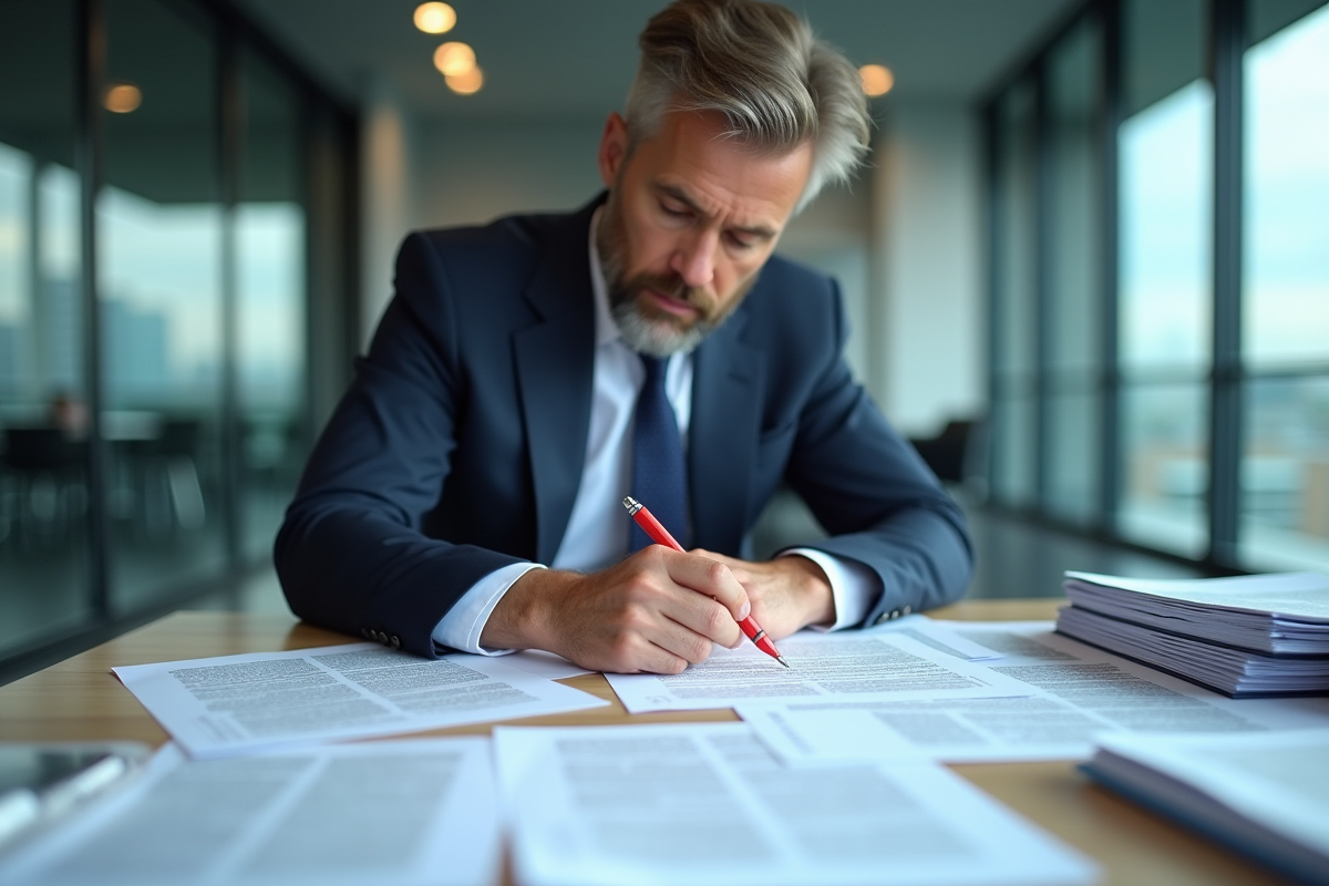 Homme d affaires analysant des brouillons de documents sur une table