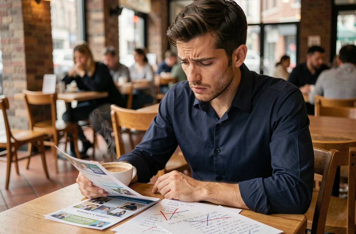 Homme déçu analysant des brochures d'école avec des annotations critiques dans un café, questionnement sur la fiabilité d'EEMI