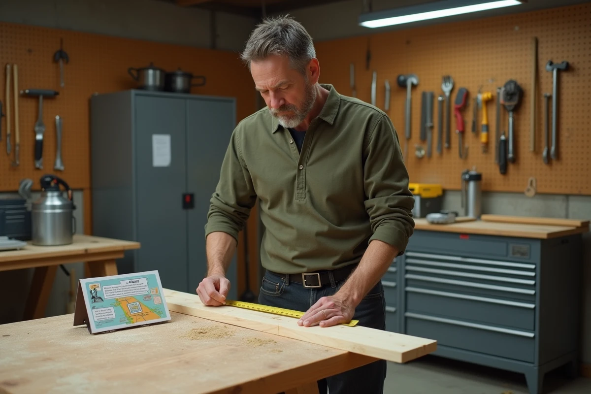 Homme mesurant une planche dans un atelier de bricolage organisé avec des fiches pédagogiques, méthode apprentissage bricolage