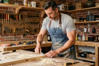 Homme adulte mesurant une planche en bois dans un atelier de bricolage bien organisé, illustrant l'apprentissage pratique du bricolage