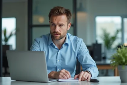 Homme d'&acirc;ge moyen travaillant sur un ordinateur moderne dans un bureau