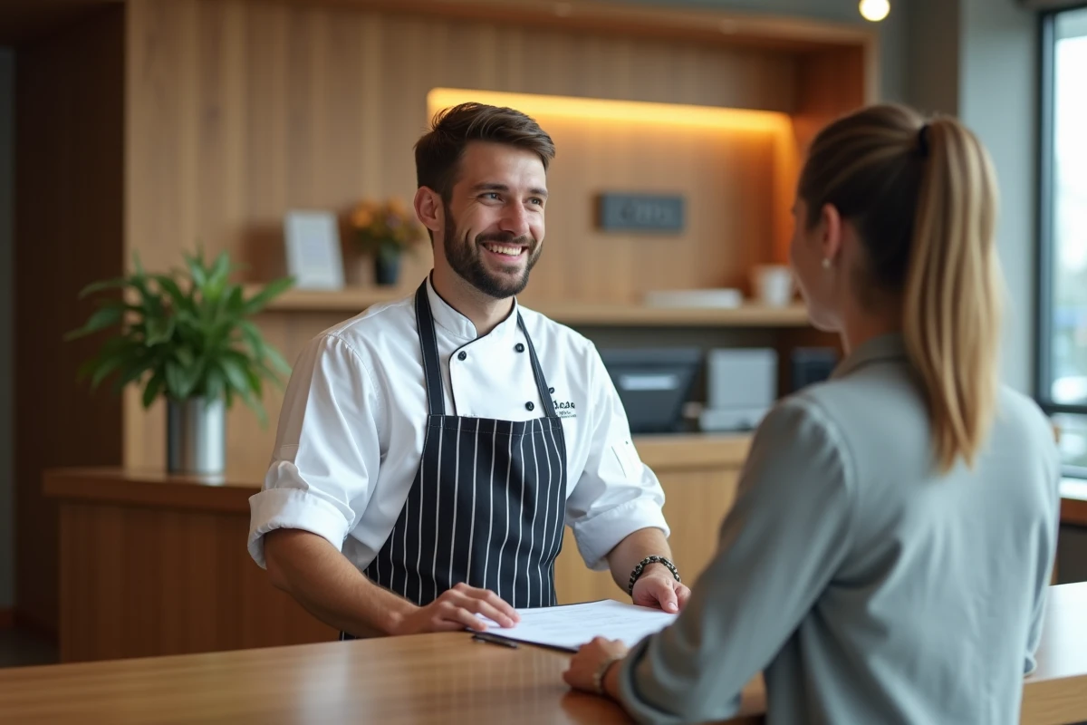 Homme en chef souriant avec un conseiller dans une reception