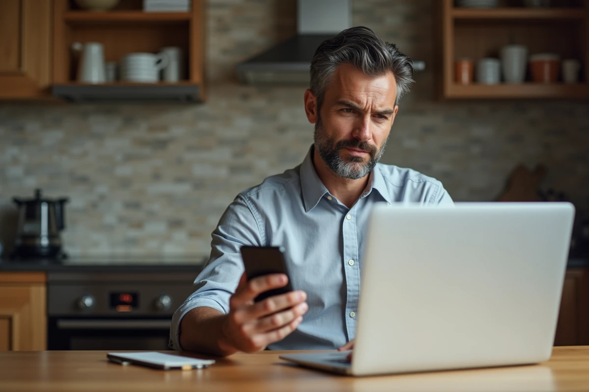 Homme à la maison utilisant son smartphone à la cuisine
