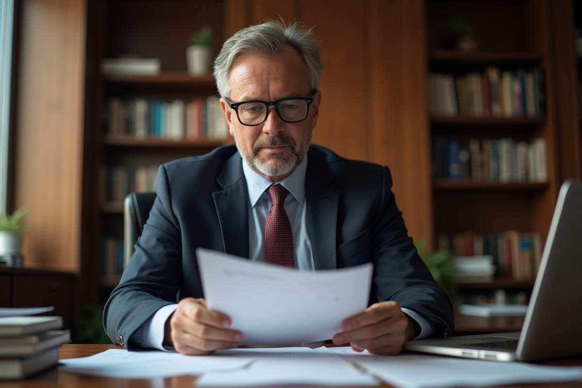 Homme d age en costume examine un diplome