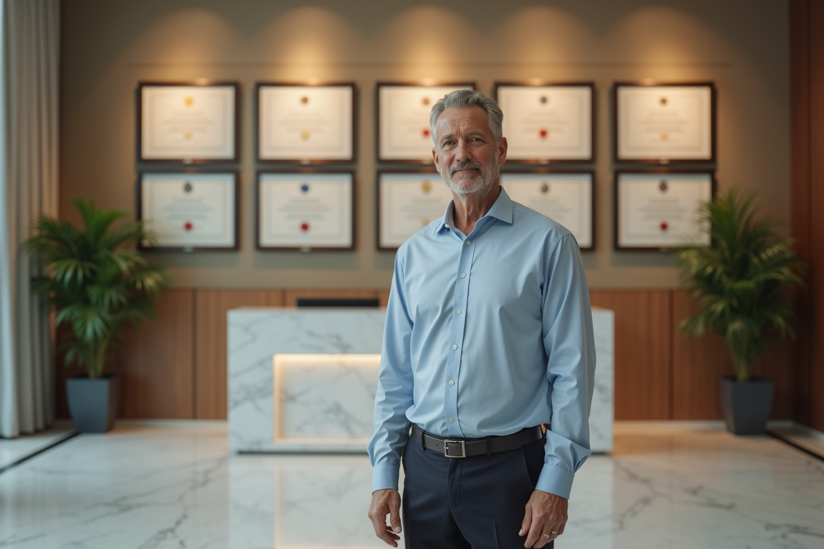 Homme d age devant diplomas dans un hall d entreprise