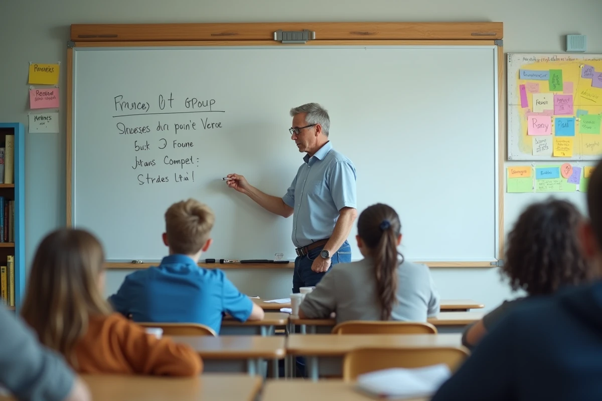 Homme en classe révisant ses notes de verbes français