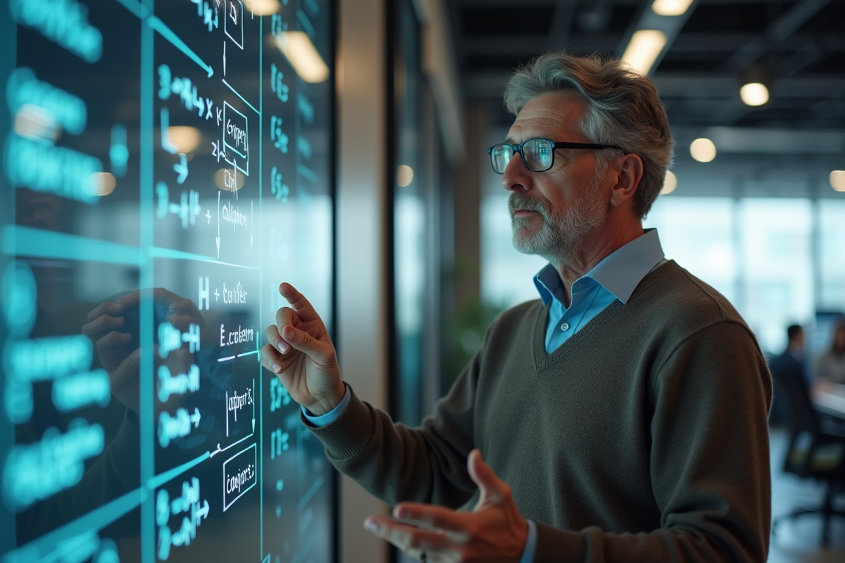 Homme expliquant un algorithme sur un tableau blanc