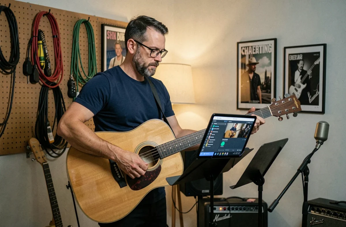 Homme jouant de la guitare acoustique dans un coin musique d'appartement en suivant un cours en ligne sur tablette le soir