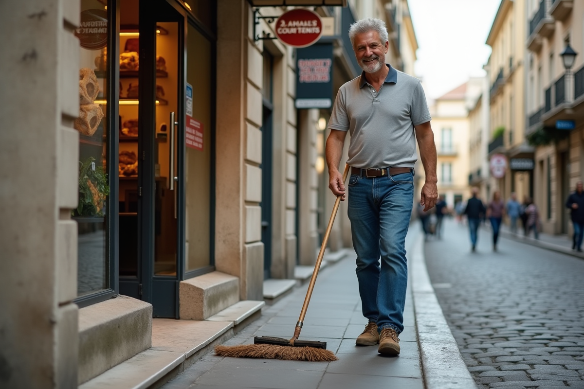 Homme nettoyant le trottoir devant une boulangerie