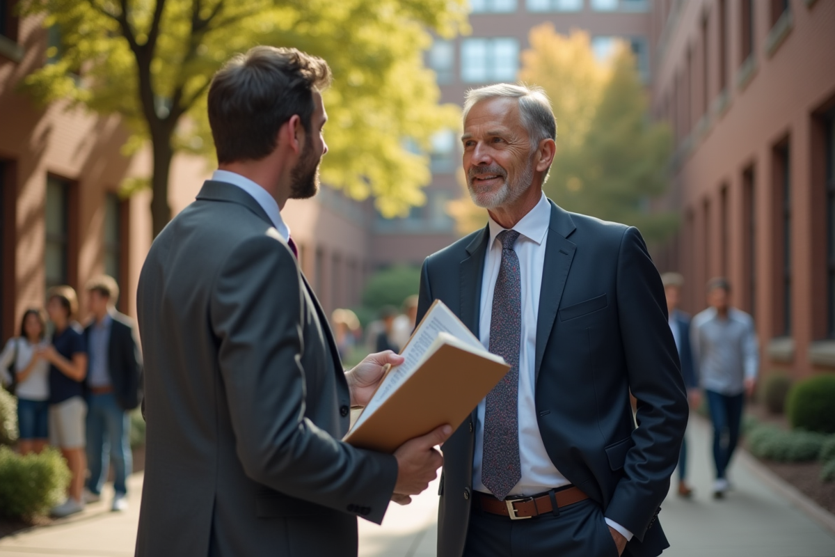 Homme en costume discutant avec un étudiant dans une cour universitaire