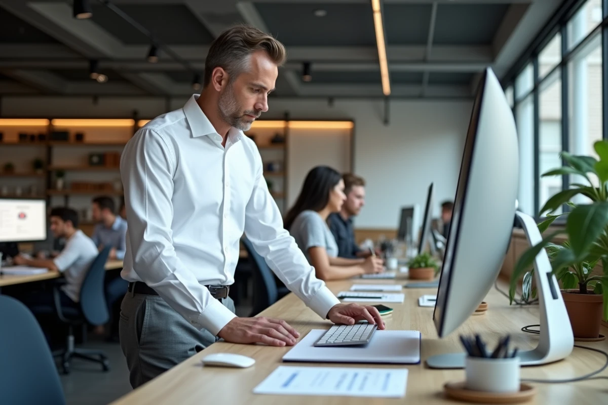 Homme ajustant son écran dans un espace de coworking ouvert