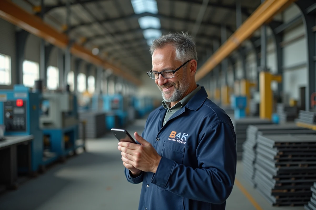 Homme en uniforme industriel utilisant son smartphone dans l