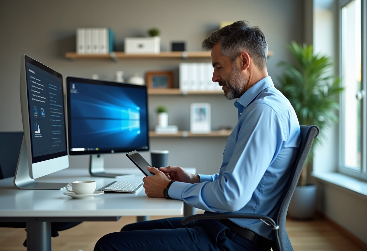 Homme utilisant une tablette dans un bureau moderne