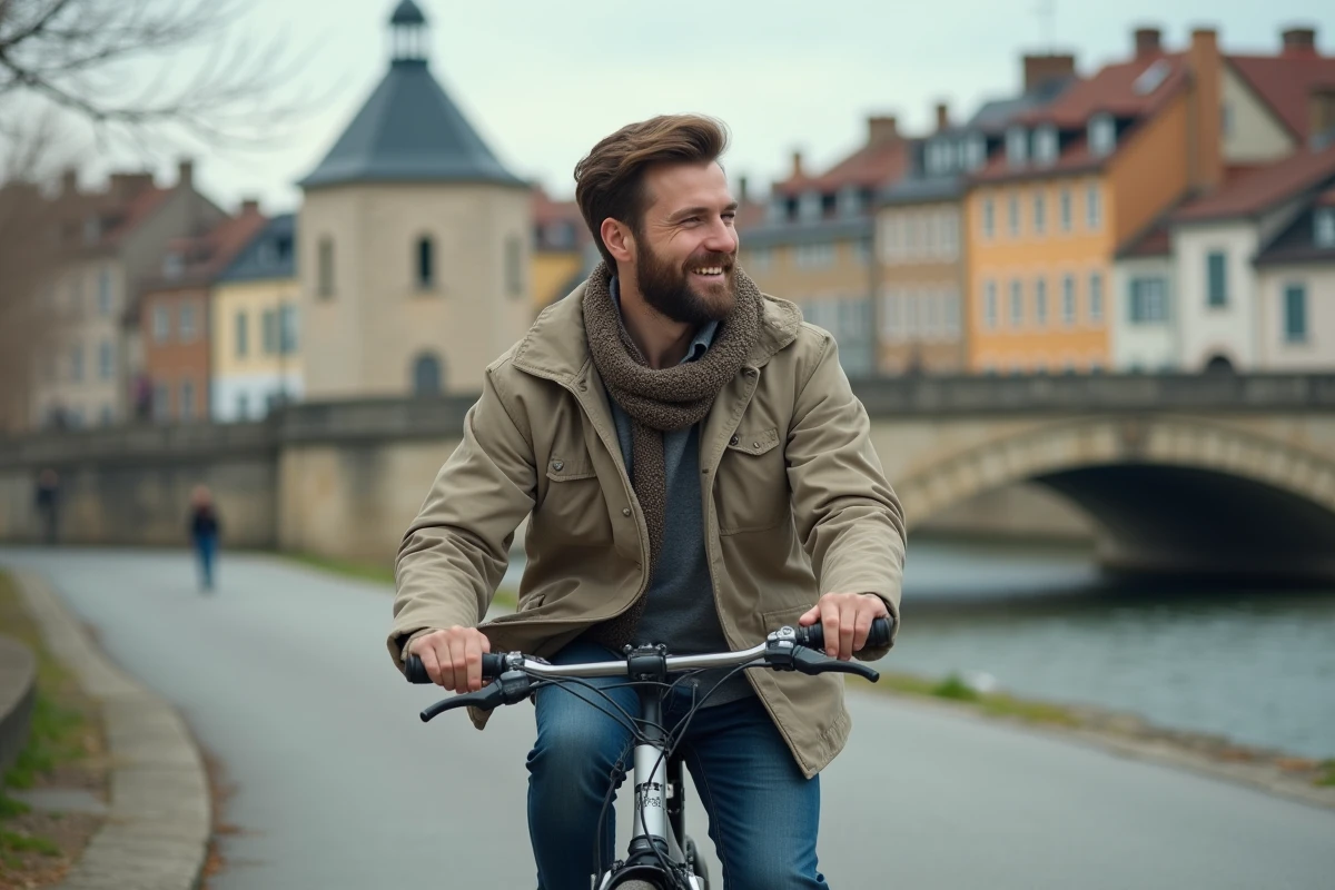 Homme à vélo pédalant le long du Doubs à Besançon