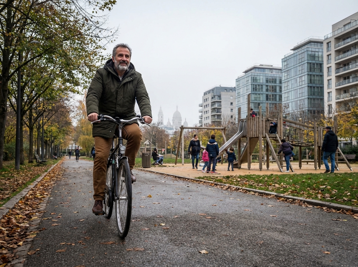 Homme à vélo dans un parc de Clichy avec vue sur Sacré Cœur