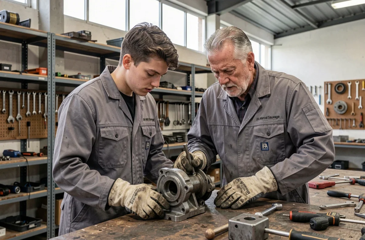 Apprenti et maître de stage dans un atelier de l'IFA Marcel Sauvage en Seine-Maritime