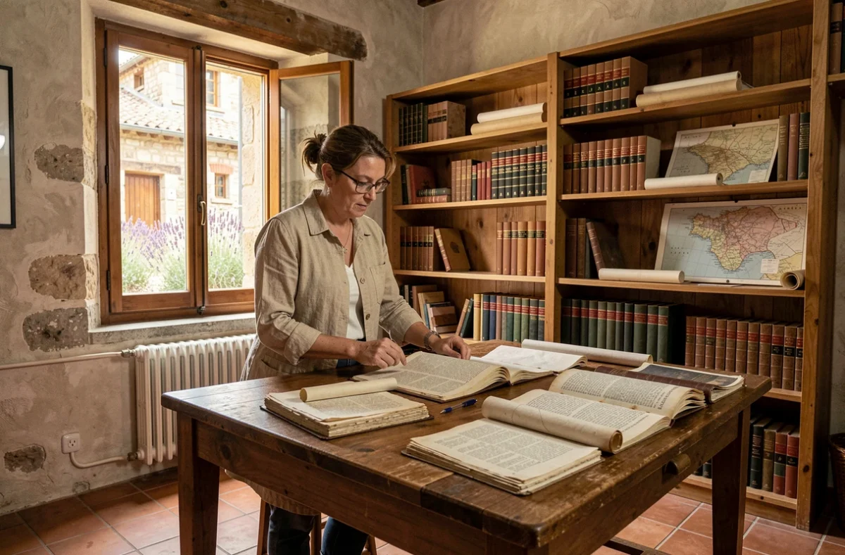 Archiviste dans un institut régional d'études occitanes manipulant des manuscrits anciens sur une table en chêne entourée d'étagères de livres du patrimoine occitan et de cartes de Haute-Garonne