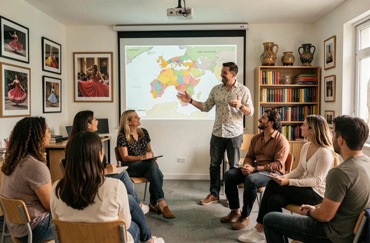 Professeur d'espagnol animant un cours devant une carte projetée de l'Espagne, entouré d'étudiants adultes dans une salle décorée d'affiches culturelles espagnoles