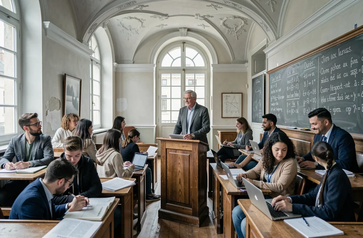 Professeur universitaire enseignant la langue et culture françaises à des étudiants internationaux dans un amphithéâtre historique avec tableau noir et notes phonétiques