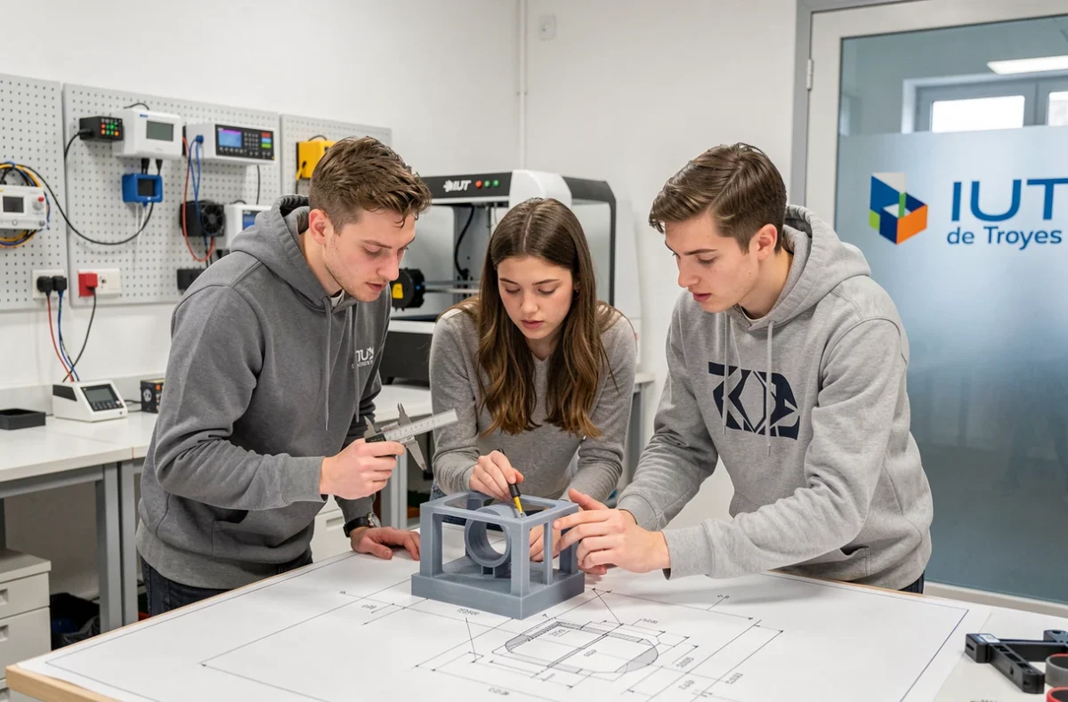 Étudiants de l'IUT de Troyes analysant un prototype en salle de travaux pratiques d'ingénierie