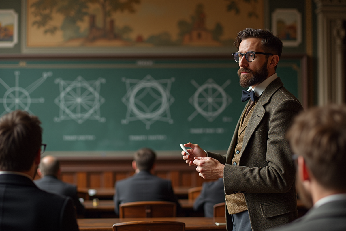 Jeune enseignant en physique expliquant devant un tableau dans une salle ancienne