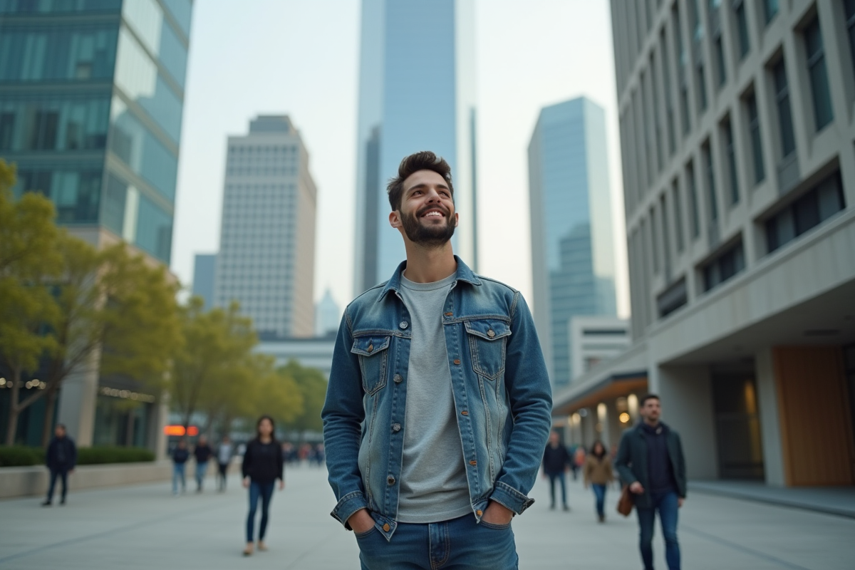 Jeune entrepreneur dans une place urbaine animée