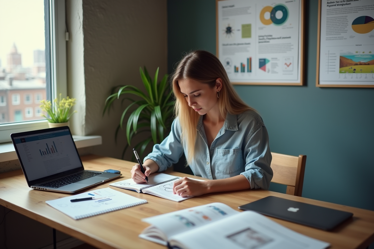 Jeune femme analyse des personas marketing dans son espace de travail