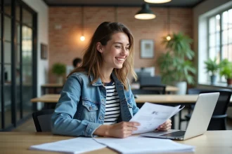 Jeune femme en bureau à Bordeaux avec notes marketing