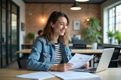 Jeune femme en bureau &agrave; Bordeaux avec notes marketing