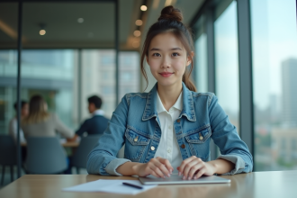 Jeune femme en bureau moderne travaillant sur un ordinateur