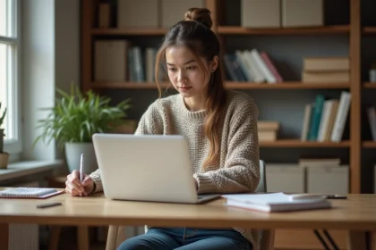 Jeune femme concentr&eacute;e v&eacute;rifiant sa liste au bureau