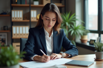 Jeune femme en blazer écrivant une lettre de motivation dans un bureau