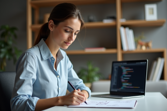 Jeune femme en travail concentrée dessinant un fluxchart