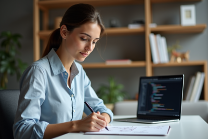 Jeune femme en travail concentrée dessinant un fluxchart