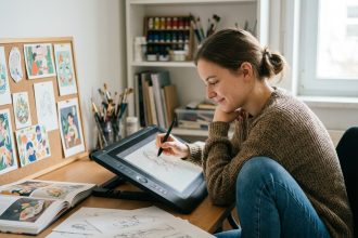 Jeune femme en sweater dessinant sur une tablette numérique