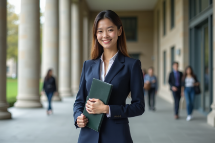 Jeune femme en costume navy avec diplôme devant bâtiment universitaire